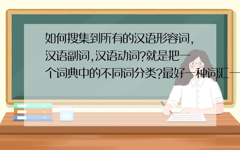 如何搜集到所有的汉语形容词,汉语副词,汉语动词?就是把一个词典中的不同词分类?最好一种词汇一个记事本,还包括名词,代词等,只要告诉我方法就可以了!先谢谢各位!