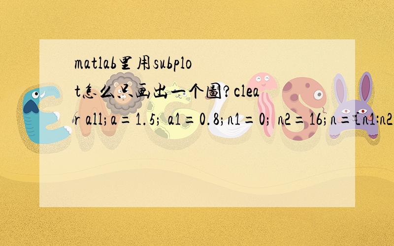 matlab里用subplot怎么只画出一个图?clear all;a=1.5; a1=0.8;n1=0; n2=16;n=[n1:n2];x=a.^n; x1=a1.^n;subplot(1,2,1); stem(n,x);xlabel('n'); ylabel('x(n)'); title('实指数序列,a>1');qrid on;subplot(1,2,2); stem(n,x1);xlabel('n'); ylabel('x(n