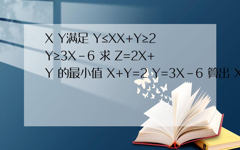X Y满足 Y≤XX+Y≥2Y≥3X-6 求 Z=2X+Y 的最小值 X+Y=2 Y=3X-6 算出 X=2 Y=0 然后代入Z=4 对的把 但别人说 算出 X=1 Y=1 我并不知道怎么算了