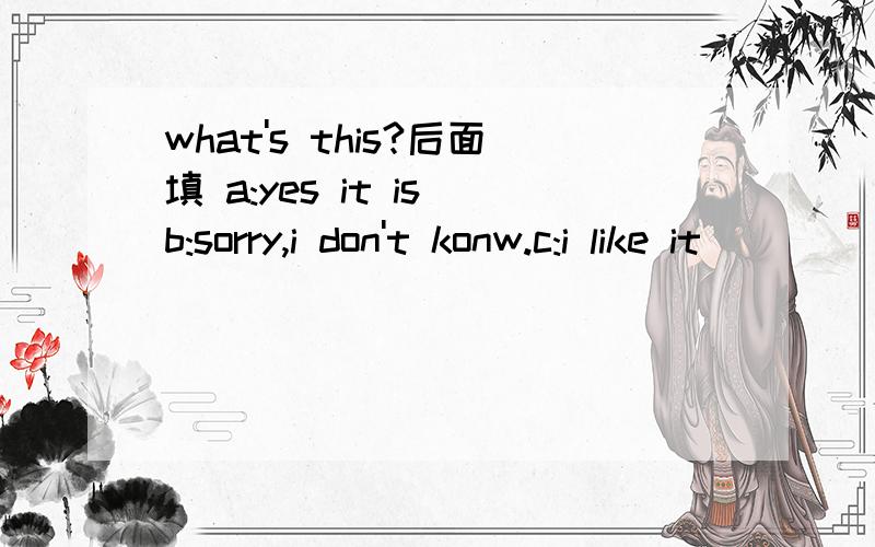 what's this?后面填 a:yes it is b:sorry,i don't konw.c:i like it