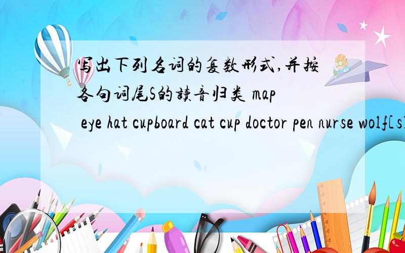 写出下列名词的复数形式,并按各句词尾S的读音归类 map eye hat cupboard cat cup doctor pen nurse wolf[s][z][ts][dz]请各位楼主迅速回答,
