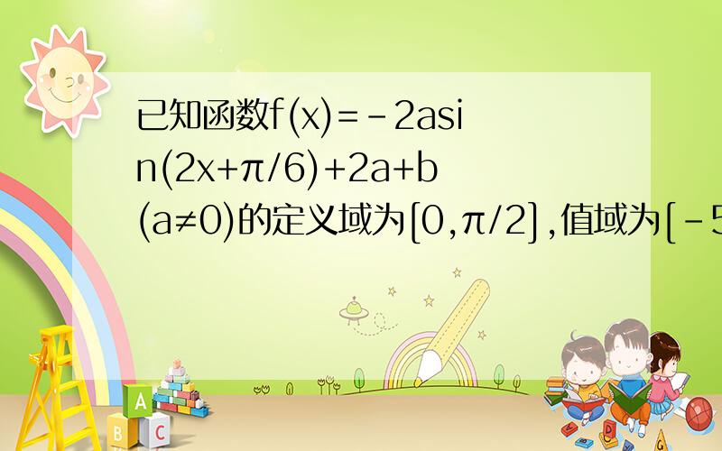 已知函数f(x)=-2asin(2x+π/6)+2a+b(a≠0)的定义域为[0,π/2],值域为[-5,1],求常数a,b的值.   过程~已知函数f(x)=-2asin(2x+π/6)+2a+b(a≠0)的定义域为[0,π/2],值域为[-5,1],求常数a,b的值.   过程~