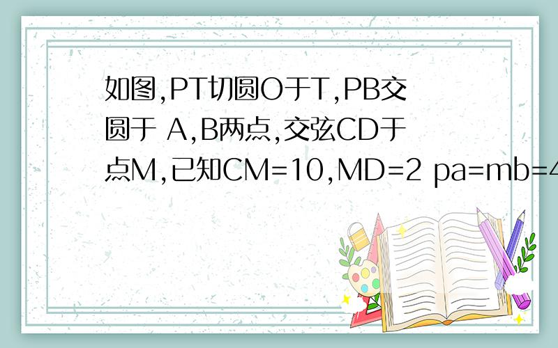 如图,PT切圆O于T,PB交圆于 A,B两点,交弦CD于点M,已知CM=10,MD=2 pa=mb=4 PT=?