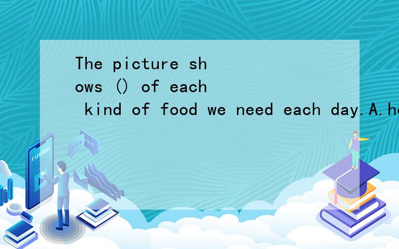 The picture shows () of each kind of food we need each day.A.how many B.what C.which D.how much