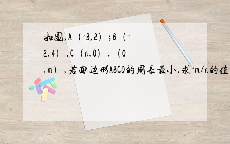 如图,A﹙-3,2﹚；B﹙-2,4﹚,C﹙n,0﹚,﹙0,m﹚,若四边形ABCD的周长最小,求-m／n的值.