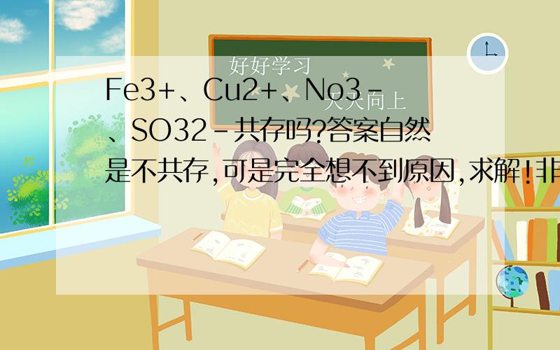 Fe3+、Cu2+、No3-、SO32-共存吗?答案自然是不共存,可是完全想不到原因,求解!非常感谢!