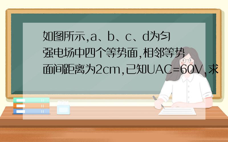 如图所示,a、b、c、d为匀强电场中四个等势面,相邻等势面间距离为2cm,已知UAC=60V,求