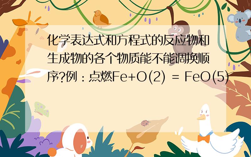 化学表达式和方程式的反应物和生成物的各个物质能不能调换顺序?例：点燃Fe+O(2) = FeO(5)
