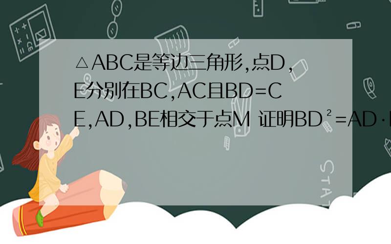 △ABC是等边三角形,点D,E分别在BC,AC且BD=CE,AD,BE相交于点M 证明BD²=AD·DM