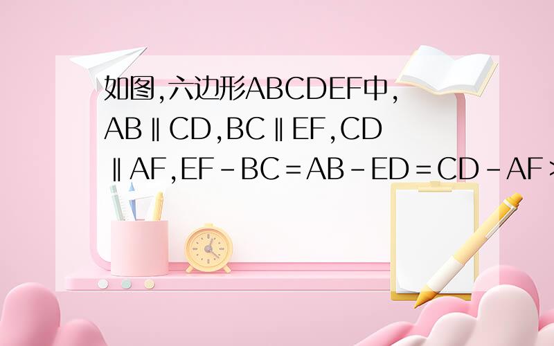 如图,六边形ABCDEF中,AB‖CD,BC‖EF,CD‖AF,EF－BC＝AB－ED＝CD－AF＞0.你能说明∠A＝∠B＝∠C＝∠D＝∠＝∠F吗?写错了，是AB‖DE