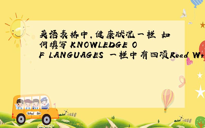 英语表格中,健康状况一栏 如何填写KNOWLEDGE OF LANGUAGES 一栏中有四项Read Write Speak Understand下面各有两列 Easily Not easily该怎么填