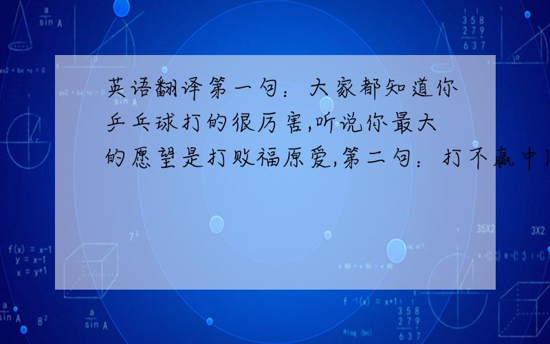 英语翻译第一句：大家都知道你乒乓球打的很厉害,听说你最大的愿望是打败福原爱,第二句：打不赢中国的张怡宁,也要战胜日本的第一单打吧.
