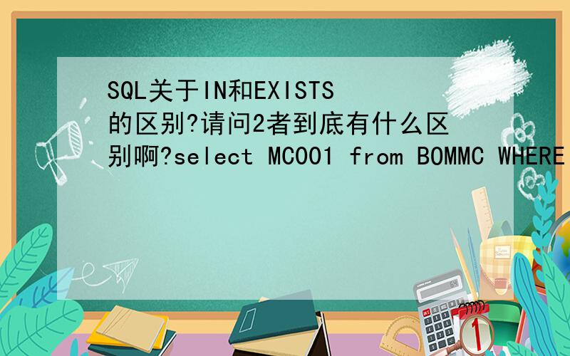 SQL关于IN和EXISTS的区别?请问2者到底有什么区别啊?select MC001 from BOMMC WHERE MC001 NOT IN (SELECT MD001 FROM BOMMD)和select MC001 from BOMMC WHERE MC001 NOT EXISTS (SELECT MD001 FROM BOMMD)2个IN查出来是80,而EXISTS查出来是