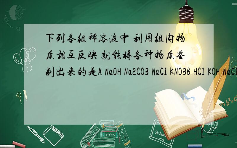 下列各组稀溶液中 利用组内物质相互反映 就能将各种物质鉴别出来的是A NaOH Na2CO3 NaCl KNO3B HCl KOH NaCl Na2SO4C Ca(OH)2 NaCO3 NaCl HClD NaNO3 MgCl2 KCl Ba(OH)2