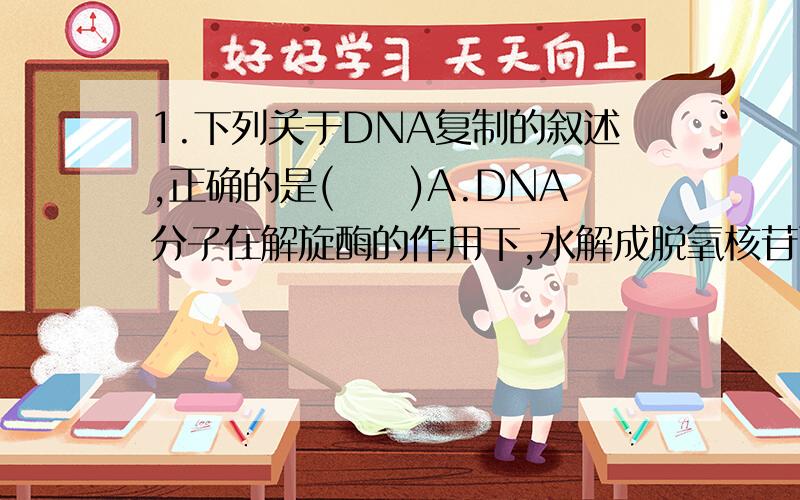 1.下列关于DNA复制的叙述,正确的是(　　)A.DNA分子在解旋酶的作用下,水解成脱氧核苷酸B.在复制过程中,解旋和复制是同时进行的C.解旋后以一条母链为模板合成两条新的子链D.两条新的子链形