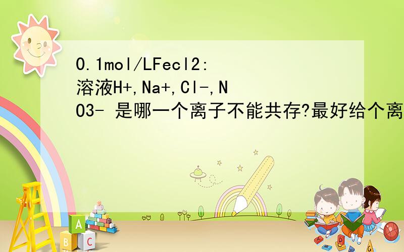 0.1mol/LFecl2:溶液H+,Na+,Cl-,NO3- 是哪一个离子不能共存?最好给个离子方程式
