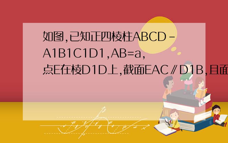 如图,已知正四棱柱ABCD-A1B1C1D1,AB=a,点E在棱D1D上,截面EAC∥D1B,且面EAC与底如图,已知正四棱柱ABCD-A1B1C1D1,点E在棱D1D上,截面EAC∥D1B,且面EAC与底面ABCD所成的角为45°,AB=a．求证：B1D⊥平面EAC