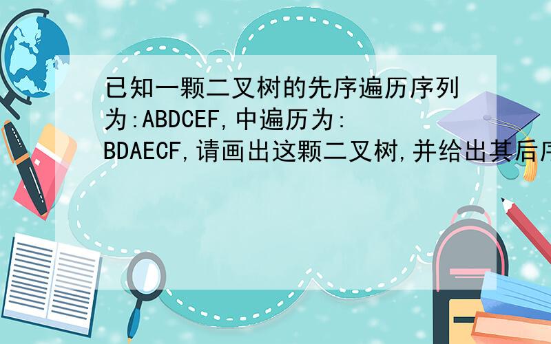 已知一颗二叉树的先序遍历序列为:ABDCEF,中遍历为:BDAECF,请画出这颗二叉树,并给出其后序遍历序列
