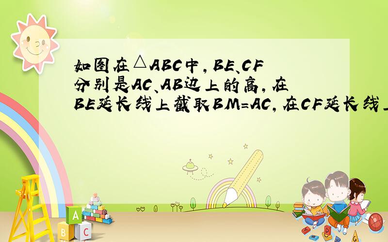 如图在△ABC中,BE、CF分别是AC、AB边上的高,在BE延长线上截取BM=AC,在CF延长线上截取CN=AB,试判断AB,AC的关系,并说明理由