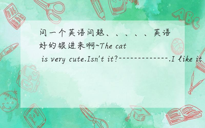 问一个英语问题、、、、、英语好的银进来啊~The cat is very cute.Isn't it?-------------.I like it very much.The cat is very cute.Isn't it?--------------I don't like it.怎么回答呢?并说理由、、、、