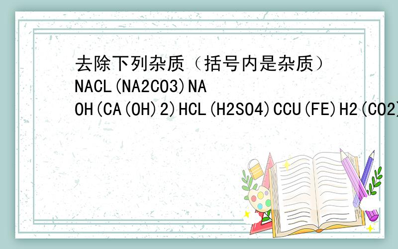 去除下列杂质（括号内是杂质）NACL(NA2CO3)NAOH(CA(OH)2)HCL(H2SO4)CCU(FE)H2(CO2)