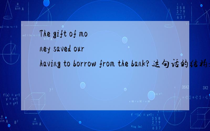 The gift of money saved our having to borrow from the bank?这句话的结构是什么啊?能不能分析下.并举例说明.主要是想问saved our having这部分。不是很理解。