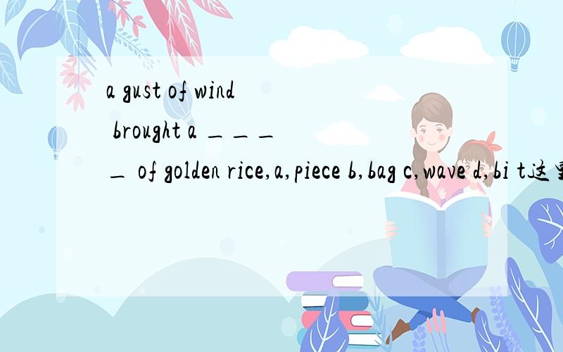 a gust of wind brought a ____ of golden rice,a,piece b,bag c,wave d,bi t这里应该是说 一阵突发的大风刮来了一 什么 金黄的稻子,为什么呢,有什么固定用法吗