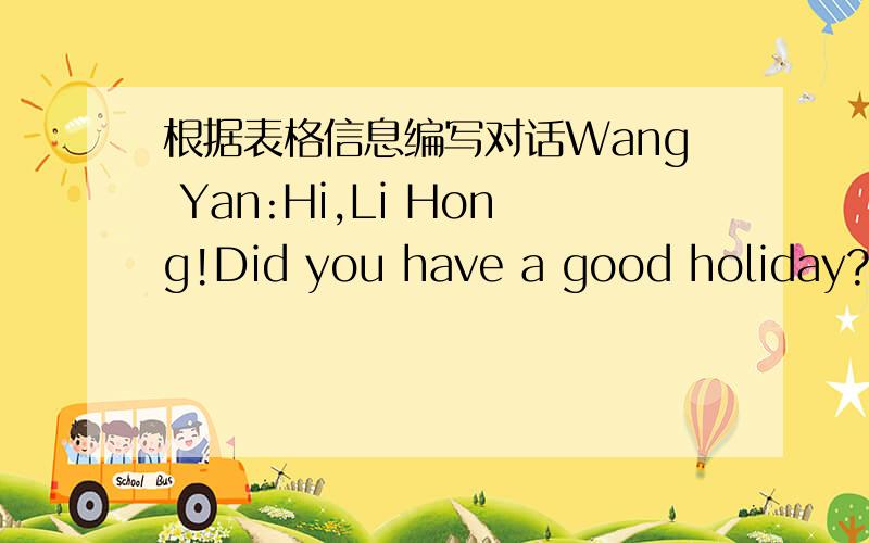 根据表格信息编写对话Wang Yan:Hi,Li Hong!Did you have a good holiday?Li Hong:Yes.Wang Yan:________________________________Li Hong:___________________________________Wang Yan:________________________________Li Hong:___________________________