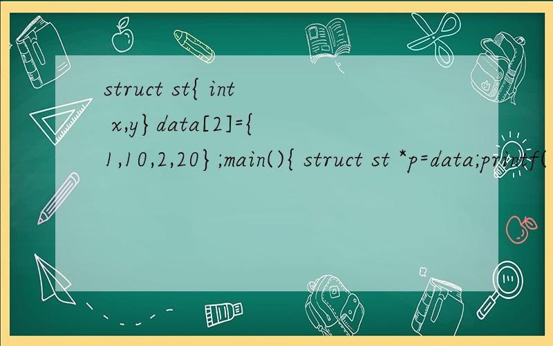 struct st{ int x,y}data[2]={1,10,2,20};main(){ struct st *p=data;printf(