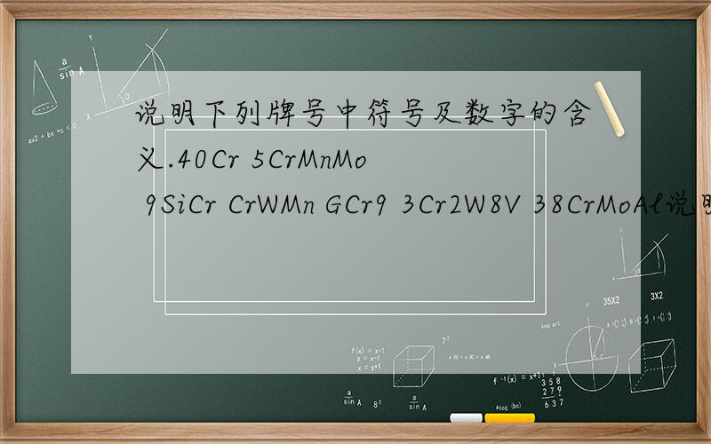 说明下列牌号中符号及数字的含义.40Cr 5CrMnMo 9SiCr CrWMn GCr9 3Cr2W8V 38CrMoAl说明下列牌号中符号及数字的含义.40Cr 5CrMnMo 9SiCr CrWMn GCr9 3Cr2W8V 38CrMoAl