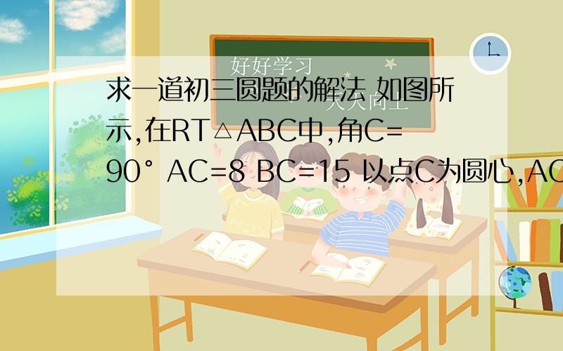 求一道初三圆题的解法 如图所示,在RT△ABC中,角C=90° AC=8 BC=15 以点C为圆心,AC为半径的圆C交AB与点D,求AD长度