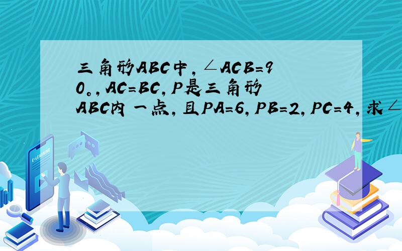 三角形ABC中,∠ACB=90°,AC=BC,P是三角形ABC内一点,且PA=6,PB=2,PC=4,求∠BPC的度数