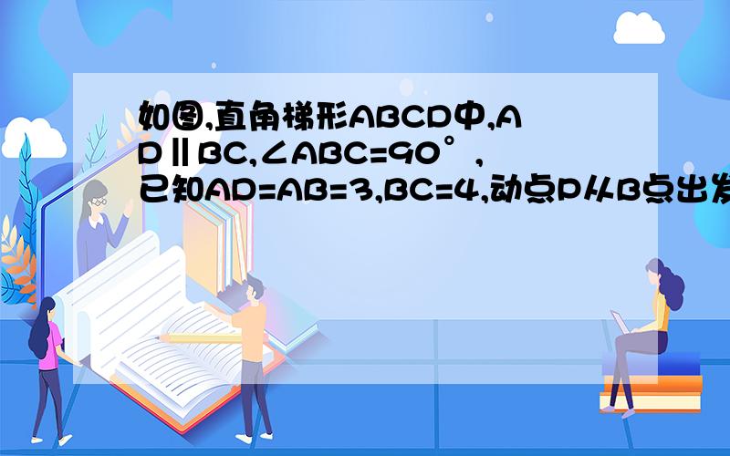 如图,直角梯形ABCD中,AD‖BC,∠ABC=90°,已知AD=AB=3,BC=4,动点P从B点出发,沿线段BC向点C作匀速直线运动：动点Q从点D出发,沿线段DA向点A作匀速运动,过Q点垂直于AD的射线交AC于点M,交BC于点N.P、Q两点
