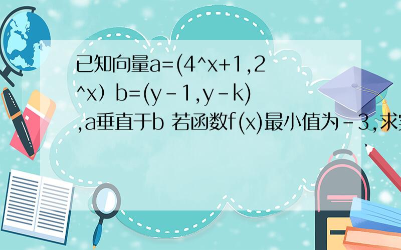 已知向量a=(4^x+1,2^x）b=(y-1,y-k),a垂直于b 若函数f(x)最小值为-3,求实数k的值第一问是求f（x）得解析式