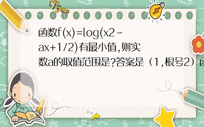 函数f(x)=log(x2-ax+1/2)有最小值,则实数a的取值范围是?答案是（1,根号2）函数为loga(x2-ax+1/2)，刚才打漏了