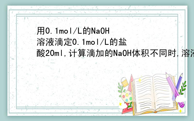用0.1mol/L的NaOH溶液滴定0.1mol/L的盐酸20ml,计算滴加的NaOH体积不同时,溶液的ph如加如NaOH溶液15.00mL 19.05mL 这两个随便一个就够