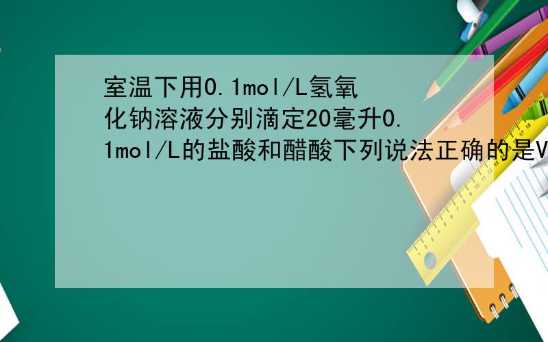 室温下用0.1mol/L氢氧化钠溶液分别滴定20毫升0.1mol/L的盐酸和醋酸下列说法正确的是V（NaOH）=10ml,c（CH3COO-）/c（CH3COOH）大于1V（NaOH）=20ml,c（Cl-）小于c（CH3COO-）图中A点（黄色）与B点的意义是
