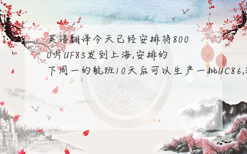 英语翻译今天已经安排将8000片UF85发到上海,安排的下周一的航班10天后可以生产一批UC86,数量大概20000片