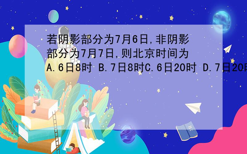 若阴影部分为7月6日,非阴影部分为7月7日,则北京时间为A.6日8时 B.7日8时C.6日20时 D.7日20时