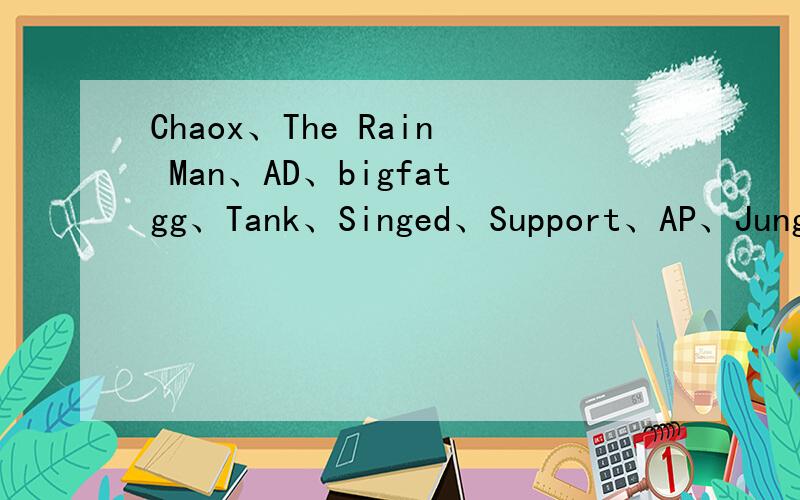 Chaox、The Rain Man、AD、bigfatgg、Tank、Singed、Support、AP、Jungler