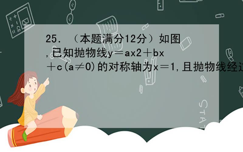 25．（本题满分12分）如图,已知抛物线y＝ax2＋bx＋c(a≠0)的对称轴为x＝1,且抛物线经过A（—1,0）、B（