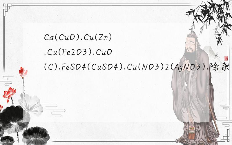 Ca(CuO).Cu(Zn).Cu(Fe2O3).CuO(C).FeSO4(CuSO4).Cu(NO3)2(AgNO3).除杂了除杂了,括号里是杂质,要方程式