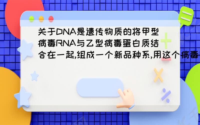 关于DNA是遗传物质的将甲型病毒RNA与乙型病毒蛋白质结合在一起,组成一个新品种系,用这个病毒区感染烟草,则烟草细胞内分离出的病毒有A.甲型蛋白质和乙型RNAB.甲型RNA和乙型蛋白质C.甲型蛋