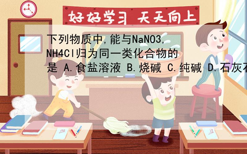 下列物质中,能与NaNO3,NH4Cl归为同一类化合物的是 A.食盐溶液 B.烧碱 C.纯碱 D.石灰石给解析.谢