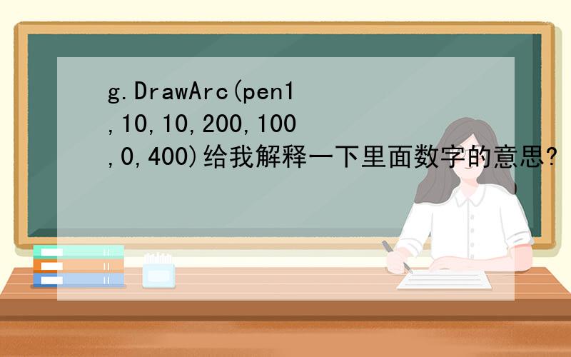 g.DrawArc(pen1,10,10,200,100,0,400)给我解释一下里面数字的意思?