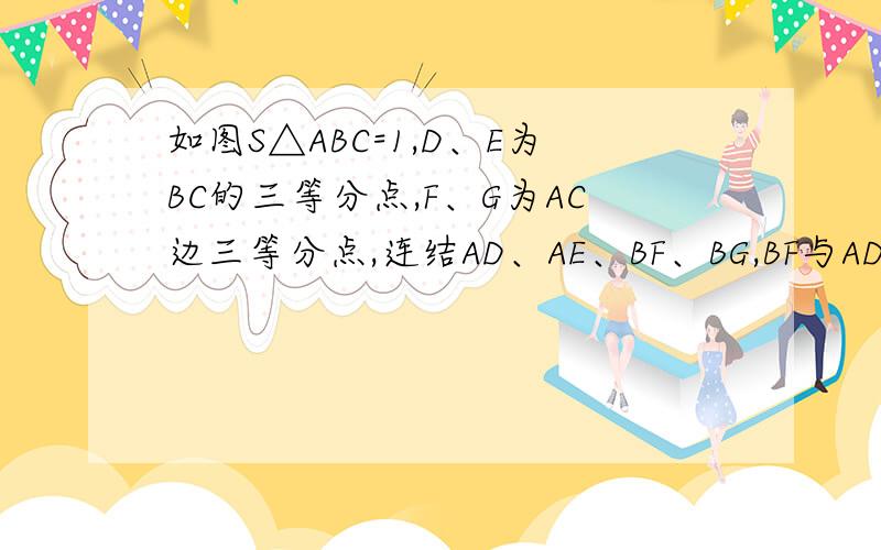 如图S△ABC=1,D、E为BC的三等分点,F、G为AC边三等分点,连结AD、AE、BF、BG,BF与AD、AE分别相.如图S△ABC=1,D、E为BC的三等分点,F、G为AC边三等分点,连结AD、AE、BF、BG,BF与AD、AE分别相交于点H、I,求阴
