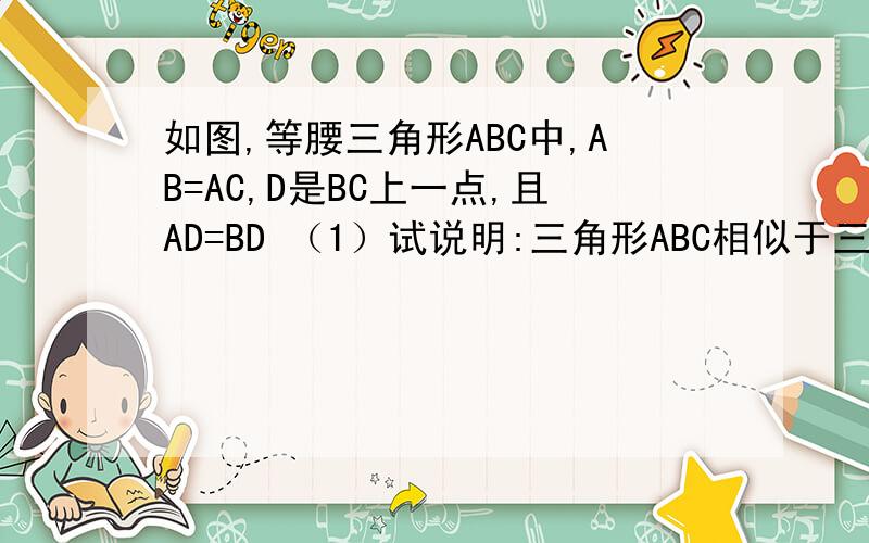 如图,等腰三角形ABC中,AB=AC,D是BC上一点,且AD=BD （1）试说明:三角形ABC相似于三角形DBA;（2）若BD等于三倍根号二,AB等于二倍根号六,求BC的长;（3）若AD比BC等于1比三,求角C的度数.