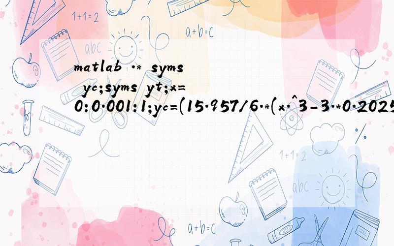matlab .* syms yc;syms yt;x=0:0.001:1;yc=(15.957/6.*(x.^3-3.*0.2025.*x.^2+0.2025.^2.*(3-0.2025).*x)).*( 0
