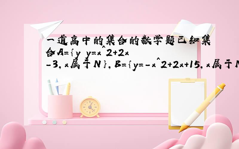 一道高中的集合的数学题已知集合A=｛y y=x^2+2x-3,x属于N｝,B=｛y=-x^2+2x+15,x属于N｝求A与B的交集