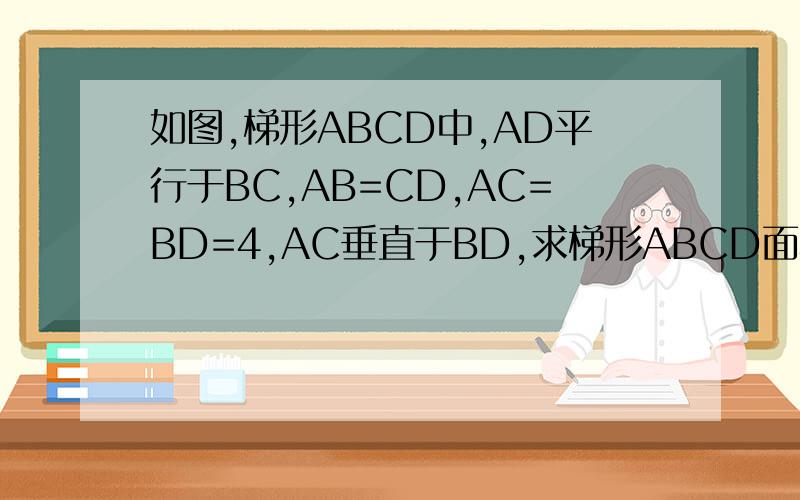 如图,梯形ABCD中,AD平行于BC,AB=CD,AC=BD=4,AC垂直于BD,求梯形ABCD面积.